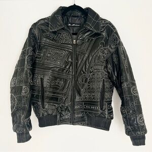 Rare Marc Buchanan Pelle Casino Embroidered Black Leather Jacket
